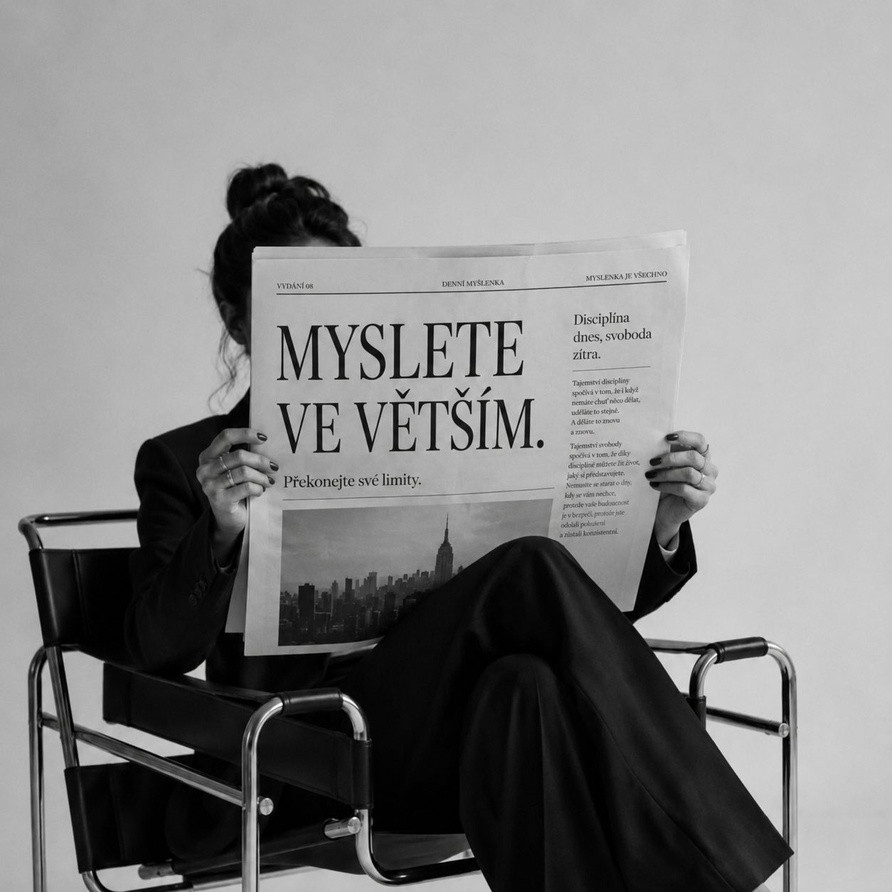 Editorial kampaň — noviny s titulkem Myslete ve větším